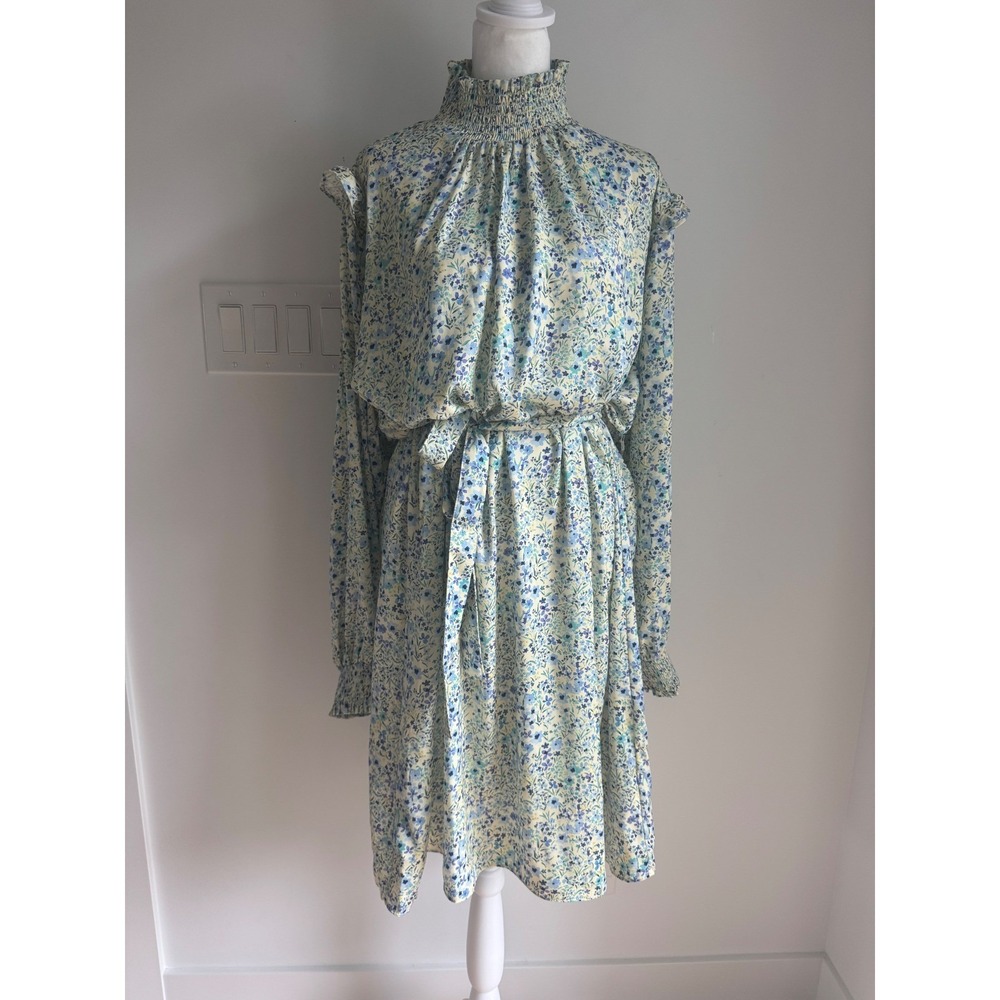 Summersalt Blue Yellow Floral Mock Neck Smocked Midi Dress XL NEW